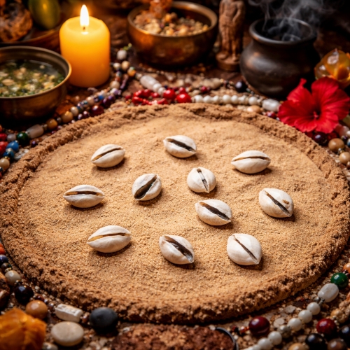 Jogo de Búzios: búzios sobre superfície ritual com velas, guias e elementos do Candomblé